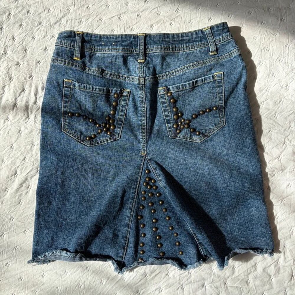 y2k western boho studded mid length denim skirt